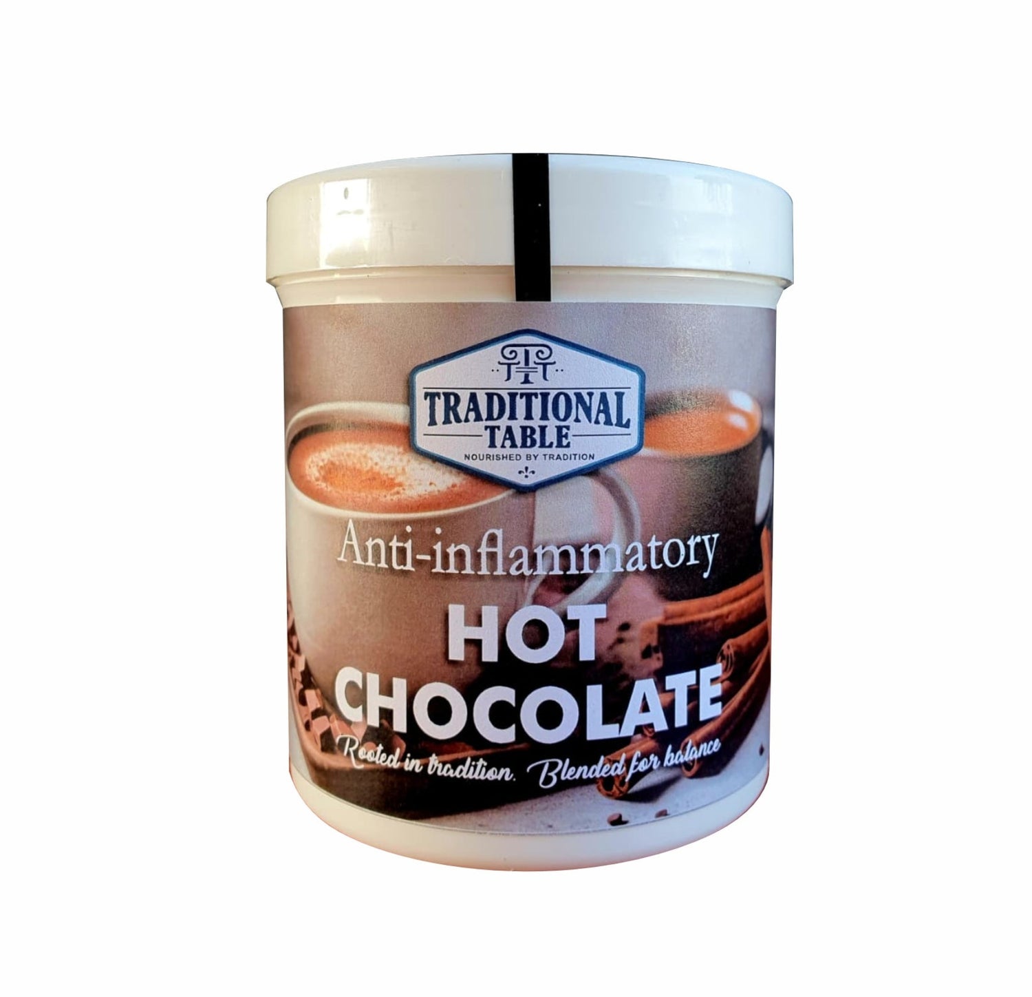 Jar of Traditional Table Anti-inflammatory Hot Chocolate on a white background