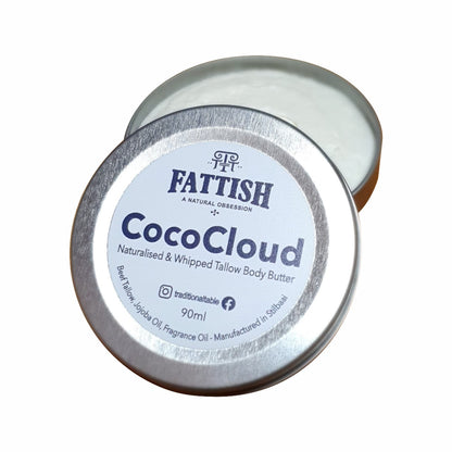 Fattish CocoCloud tallow body butter container on a white background