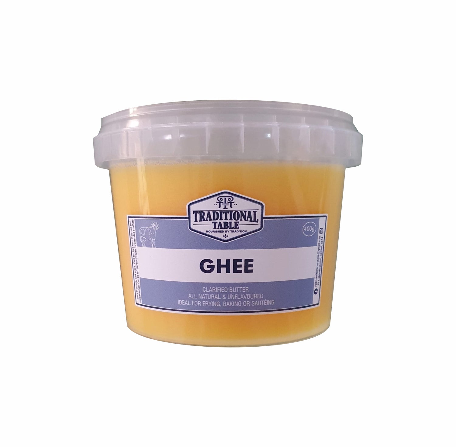 Container of ghee with a label on a white background