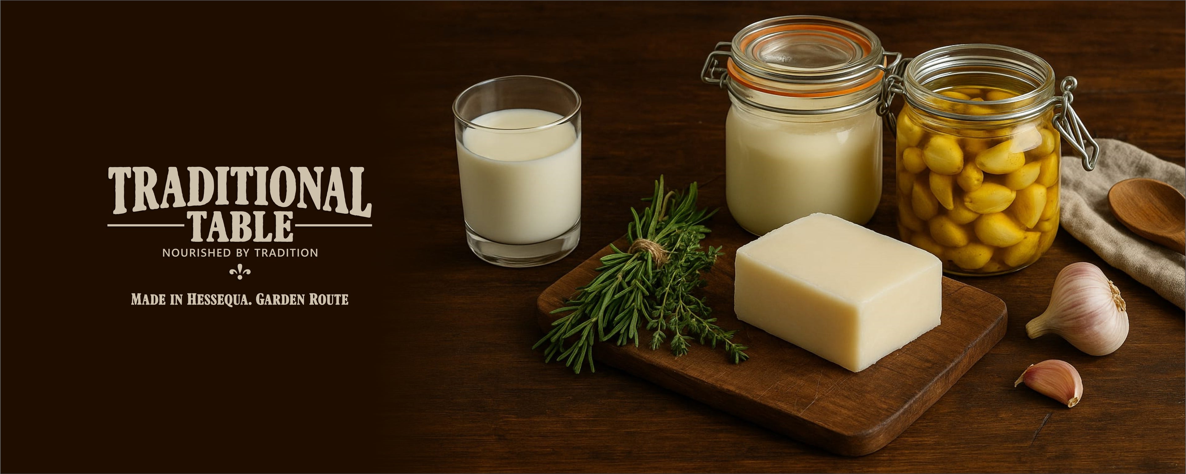 Traditional Table branding with dairy products on a wooden surface